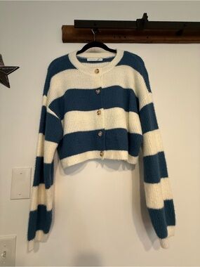 Altar'd State Blue and Cream Striped Button-Front Cardigan